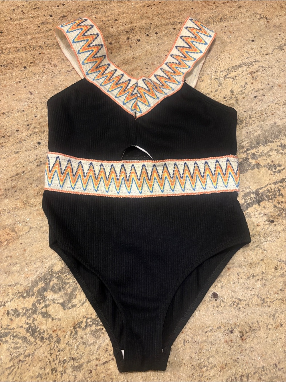 Kids Black One-Piece Swimsuit with Multicolor Embroidered Trim